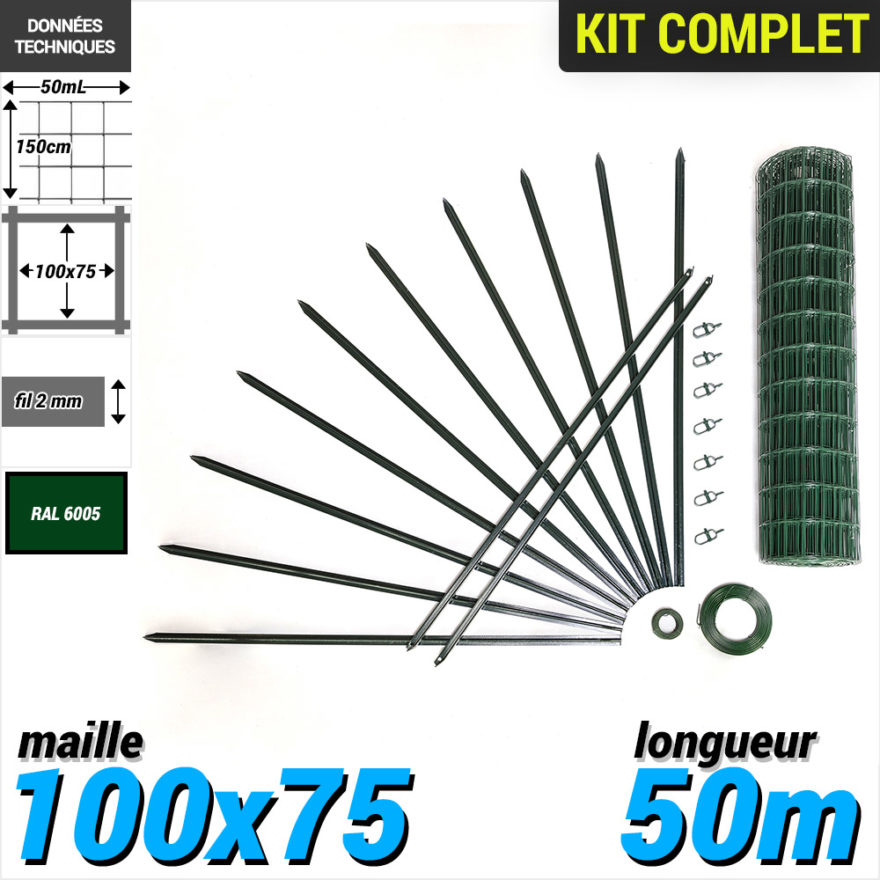 Pack Grillage Soude 50m Vert 100x75 150cm Pack grillage soude vert longueur 50m maille 100x75 fil2mm hauteur 150cm