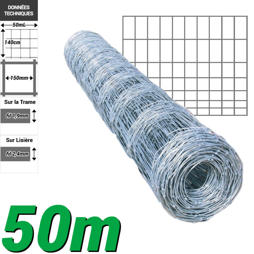 Grillage Noue 50m hauteur 140 cm Grillage noue degressif en acier galvanisé longueur 50 mètres