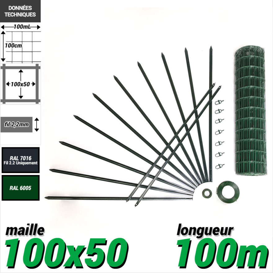 Pack Grillage Soude 100x50 2mm2 100m Vert 100 Pack grillage soude longueur 100m maille 100x50 fil2.2mm hauteur 100cm