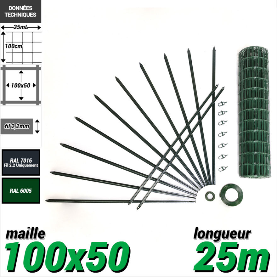 Pack Grillage Soude 100x50 2mm2 25m Vert 100 Pack grillage soude longueur 25m maille 100x50 fil2.2mm hauteur 100cm
