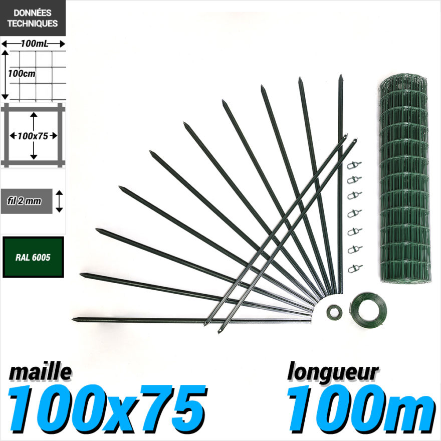 Pack Grillage Soude 100x75 2mm 100m Vert 100 Pack grillage soude vert longueur 100m maille 100x75 fil2mm hauteur 100cm