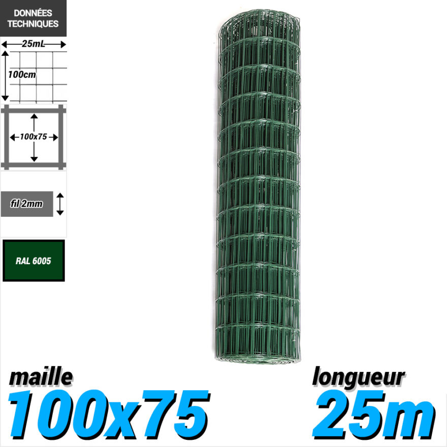 Pack Grillage Soude 100x75 2mm 25m Vert 100 Grillage Soude vert longueur 25m maille 100x75 fil 2mm hauteur 100cm