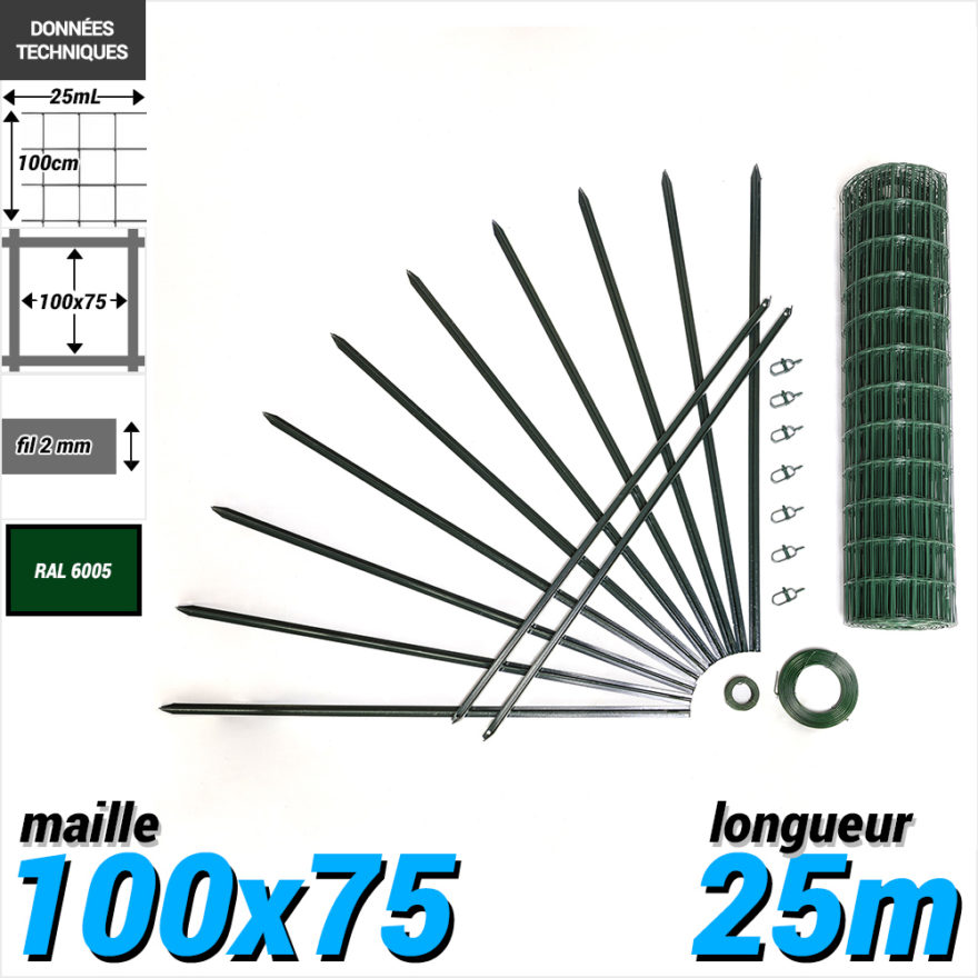 Pack Grillage Soude 100x75 2mm 25m Vert 100 Pack grillage soude vert longueur 25m maille 100x75 fil2mm hauteur 100cm