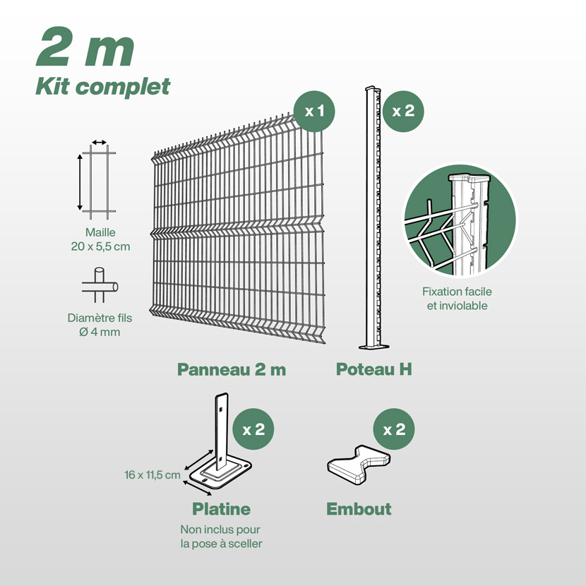 Informations sur le kit de grillage avec poteaux H - 2 m de longueur