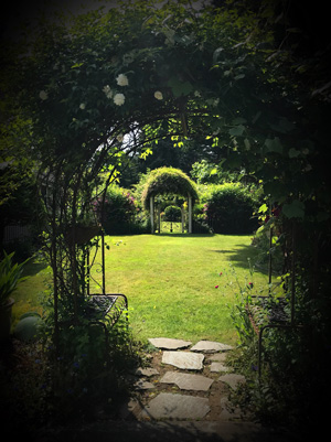 Jardin avec une arche de plantes grimpantes