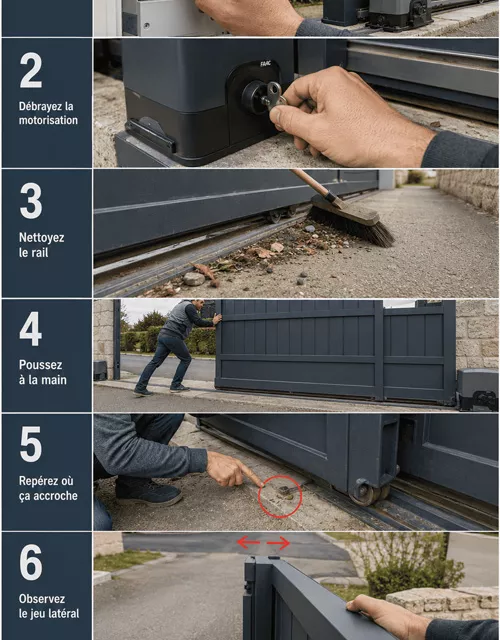 Tuto visuel en 7 étapes pour vérifier un portail coulissant sorti du rail