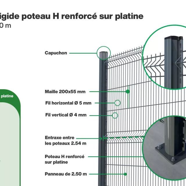 infographie Grillage rigide poteau H renforcé sur platine