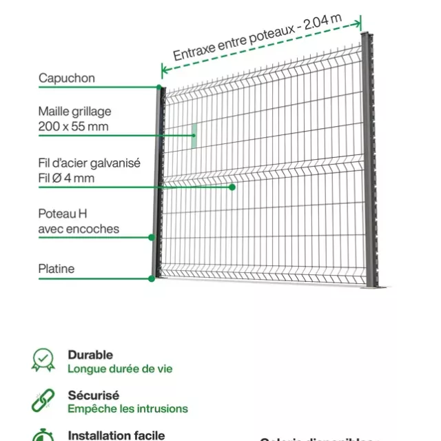 Grillage rigide : Infographie d'un kit de grillage rigide poteaux H à encoches