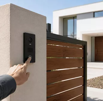Doigt sur un interphone devant une maison moderne