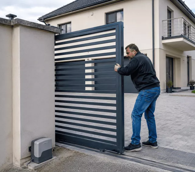 Portail électrique coulissant ouvert manuellement après une panne de motorisation