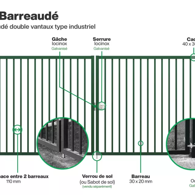 Infographie portail barreaudé double vantaux type industriel