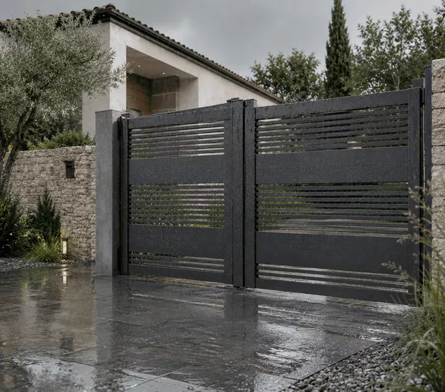 Portail semi-ajouré gris anthracite fermé devant une maison moderne sous la pluie.