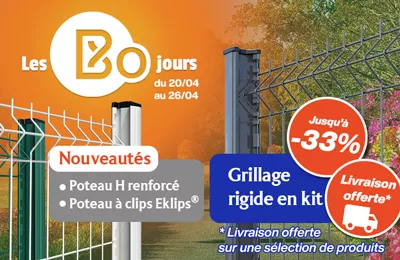 Bodeor : Profitez des réductions sur nos kits de grillage rigide, portail aluminium et brise vue.