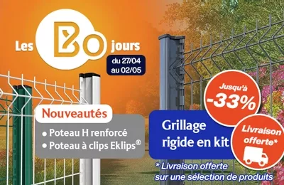 Bodeor : Profitez des réductions sur nos kits de grillage rigide, portail aluminium et brise vue.