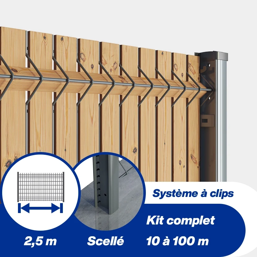 Kit grillage rigide poteaux à clip EKLIPS® avec occultation bois (Ø4/5mm)