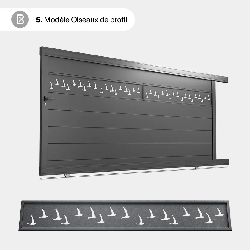 Portail Alu Coulissant Bâle - Découpe Laser Nature - Oiseaux de profil