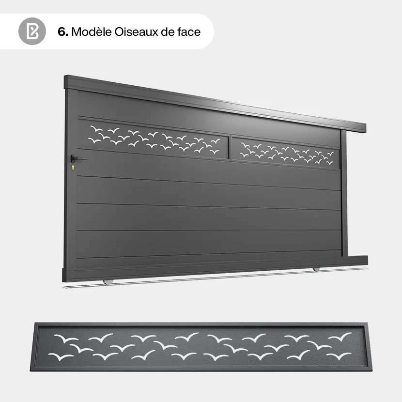 Portail Alu Coulissant Bâle - Découpe Laser Nature - Oiseaux de face