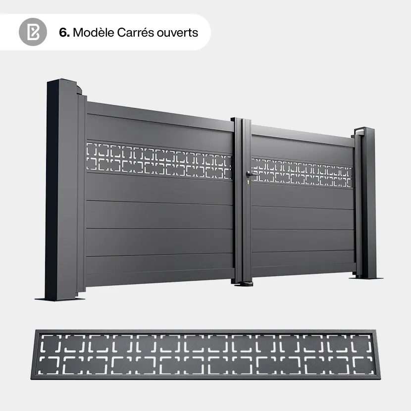 Portail Alu 2 Battants Bâle - Découpe Laser Géométrique - Carrés ouverts