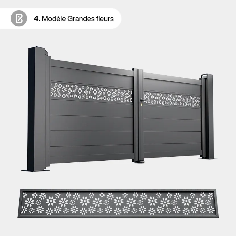 Portail Alu 2 Battants Bâle - Découpe Laser Nature - Grandes fleurs