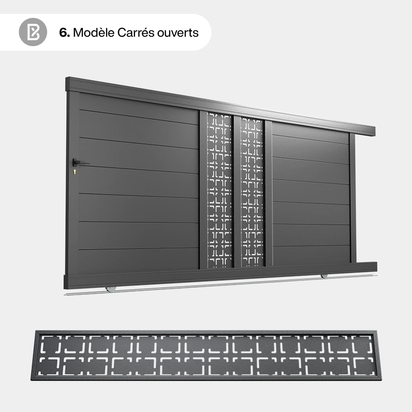 Portail Alu Coulissant Bordeaux - Découpe Laser Géométrique - Carrés ouverts