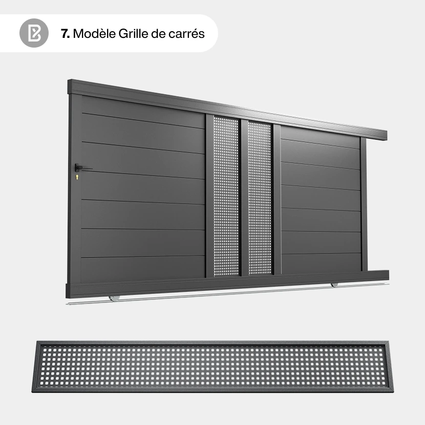 Portail Alu Coulissant Bordeaux - Découpe Laser Géométrique - Grille de carrés