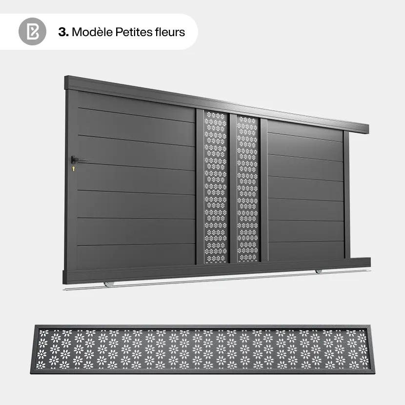 Portail Alu Coulissant Bordeaux - Découpe Laser Nature - Petites Fleurs