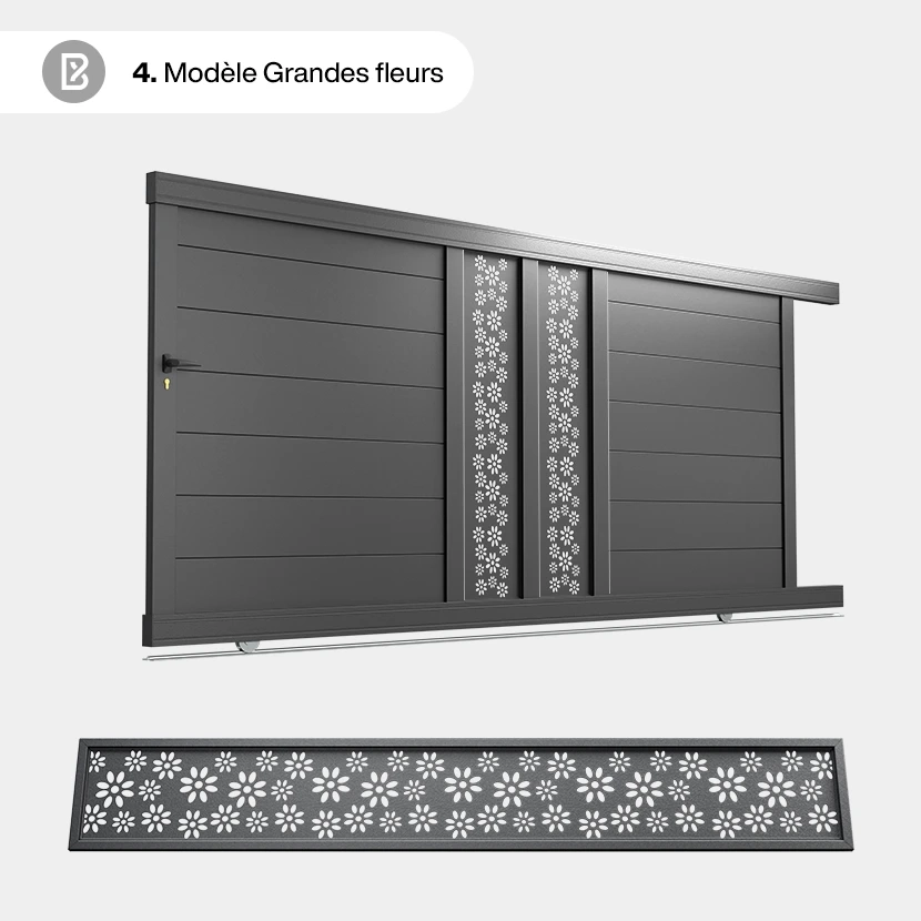 Portail Alu Coulissant Bordeaux - Découpe Laser Nature - Grandes fleurs