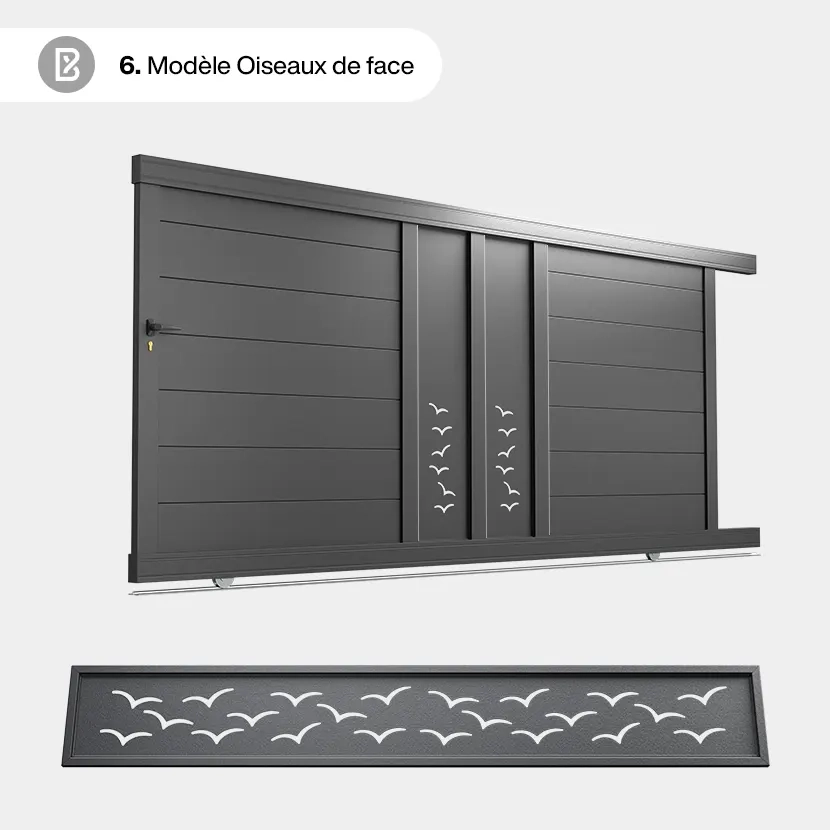 Portail Alu Coulissant Bordeaux - Découpe Laser Nature - Oiseaux de face