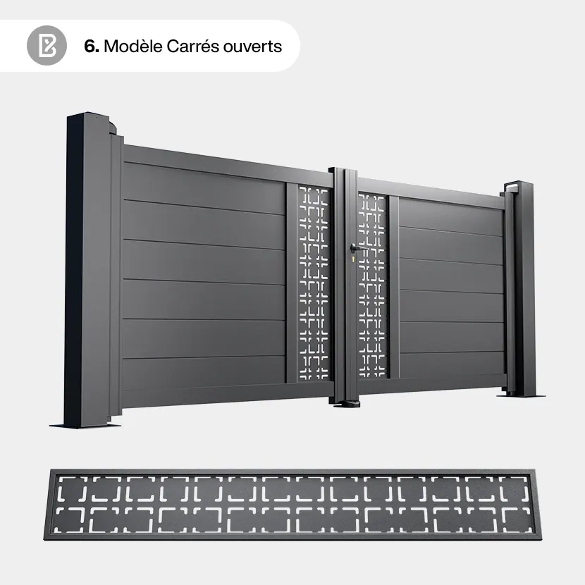 Portail Alu 2 Battants Bordeaux - Découpe Laser Géométrique - Carrés Ouverts