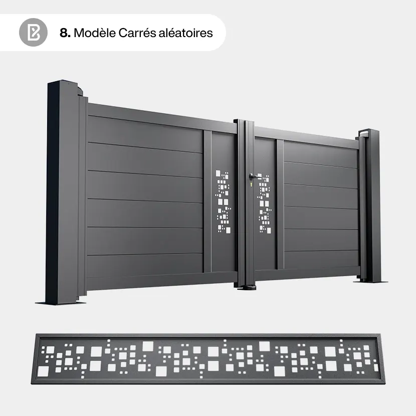 Portail Alu 2 Battants Bordeaux - Découpe Laser Géométrique - Carrés aléatoires