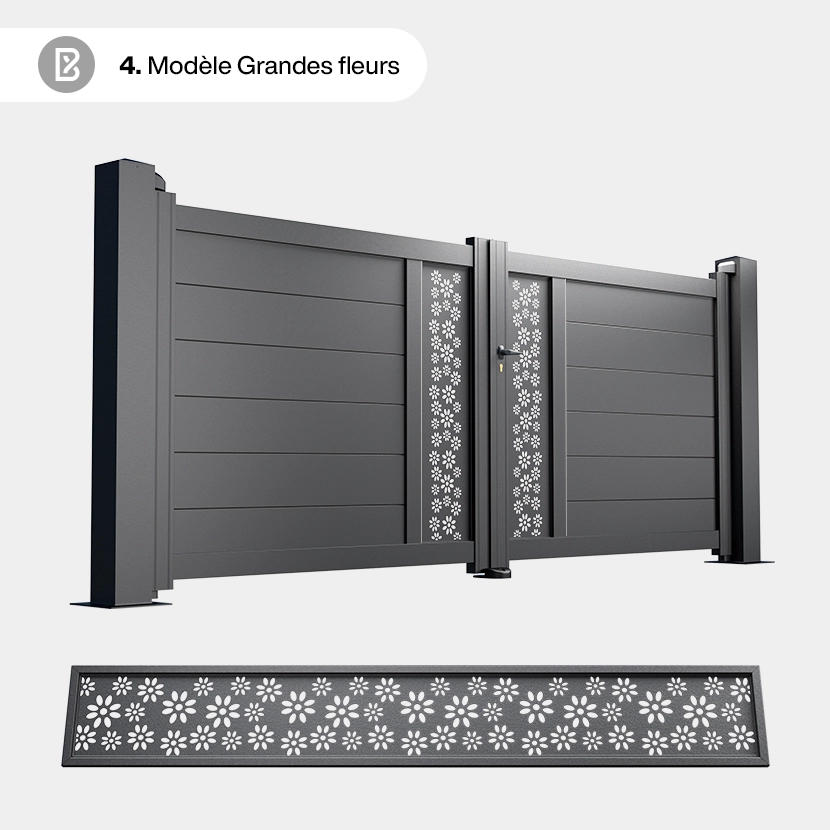 Portail Alu 2 Battants Bordeaux - Découpe Laser Nature - Grandes fleurs