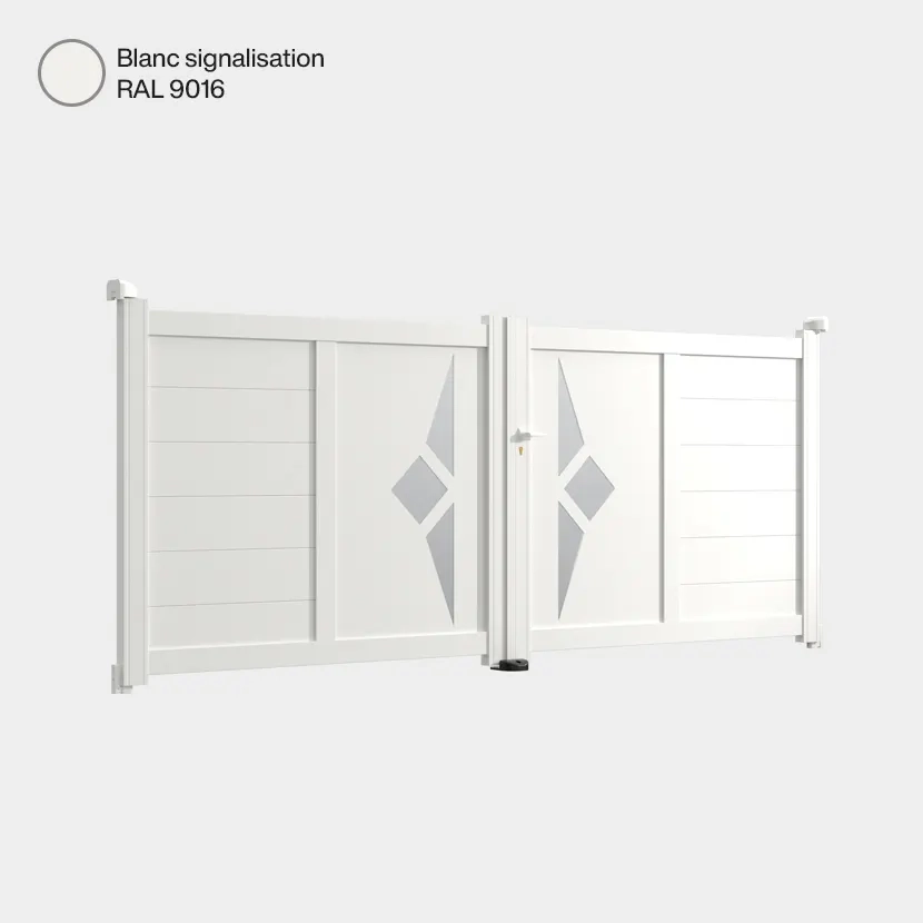 Portail aluminium: Portail double battant Sete Blanc signalisation RAL 9016
