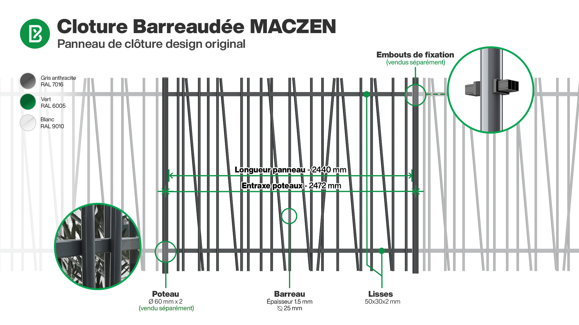 Cloture : Infographie d'une clôture barreaudée MACZEN