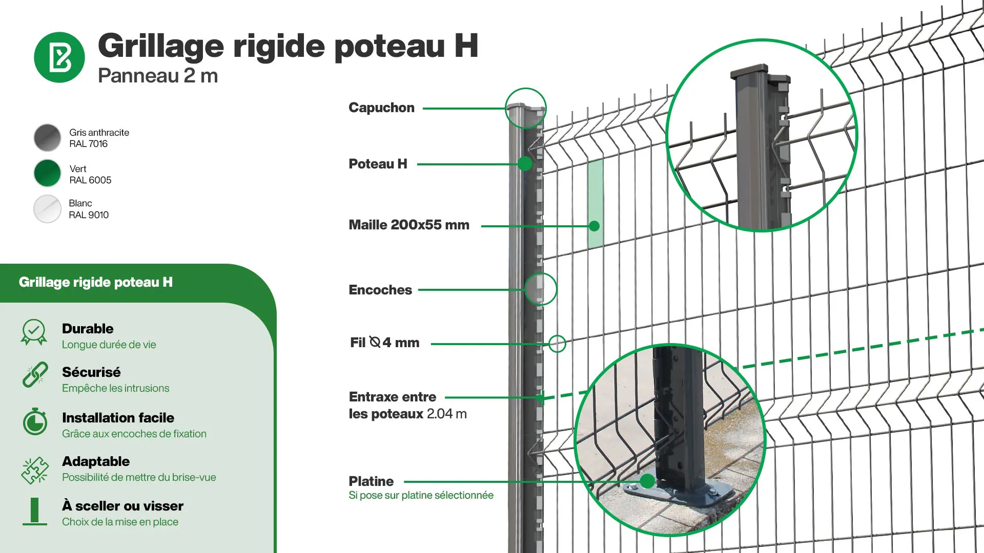 Grillage rigide : Infographie d'un kit de grillage rigide poteaux H à encoches