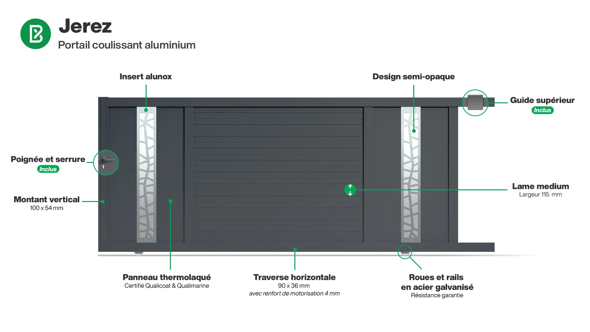 Portail : Infographie d'un portail coulissant aluminium modèle JEREZ