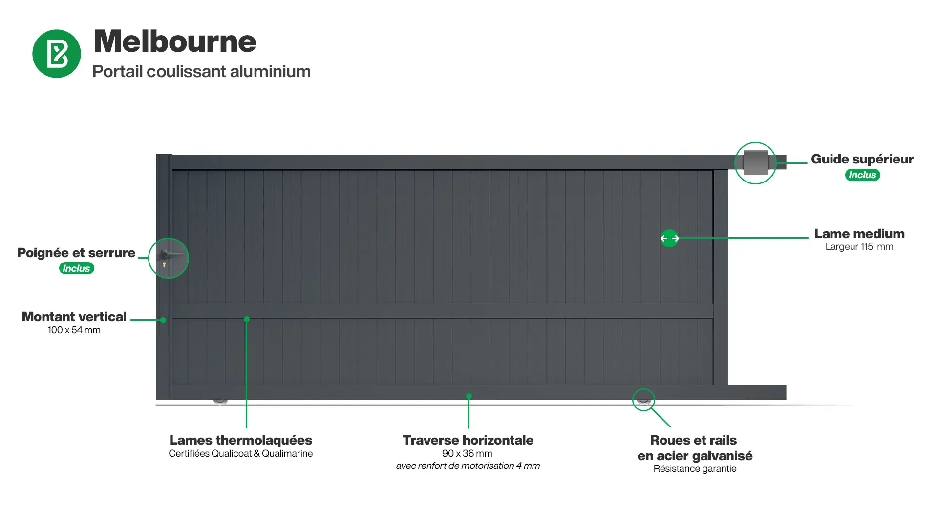 Portail : Infographie d'un portail coulissant aluminium modèle MELBOURNE