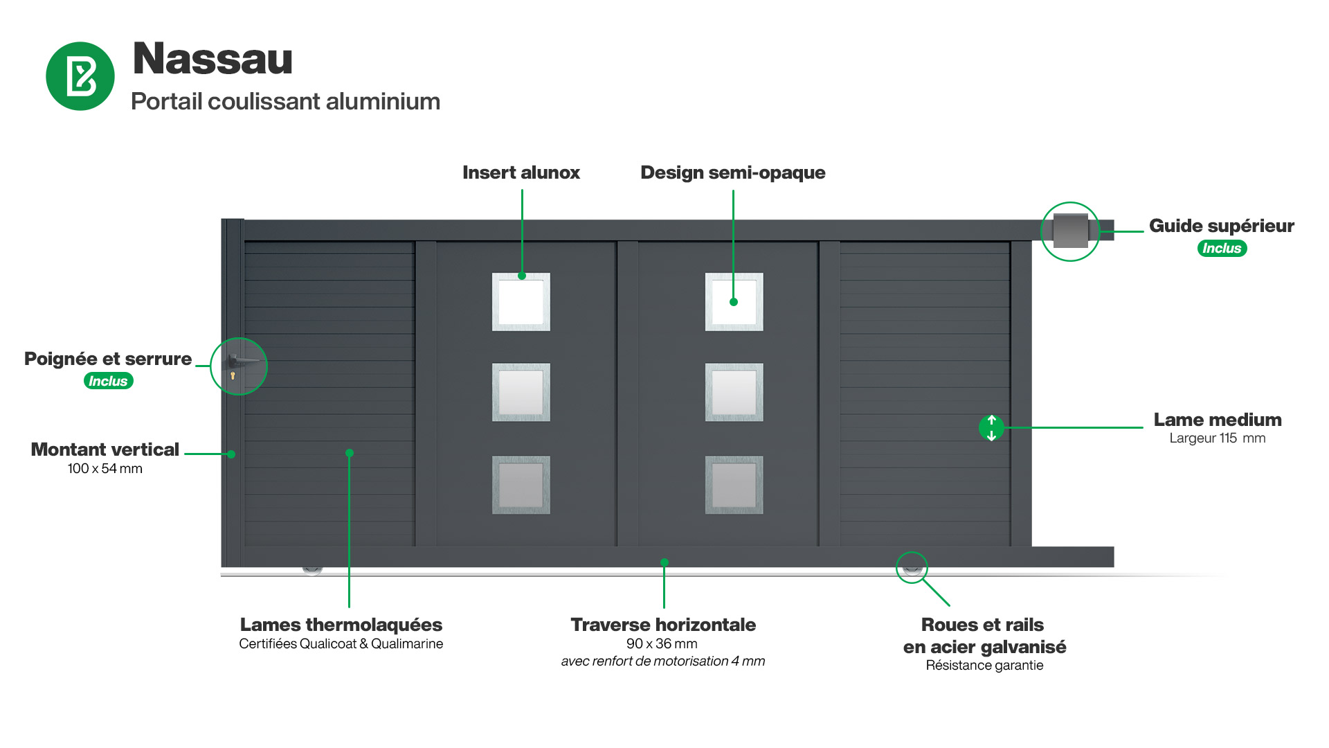 Portail : Infographie d'un portail coulissant aluminium modèle NASSAU