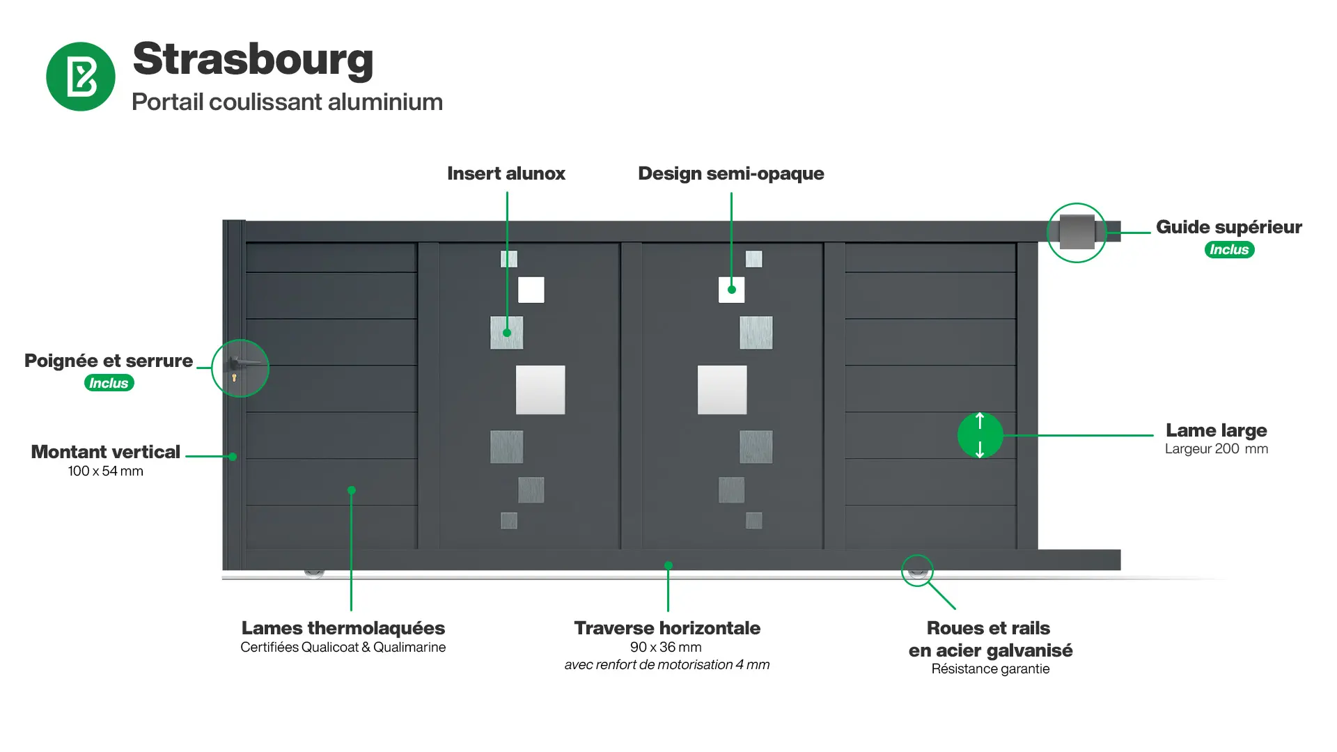 Portail : Infographie d'un portail coulissant aluminium modèle STRASBOURG