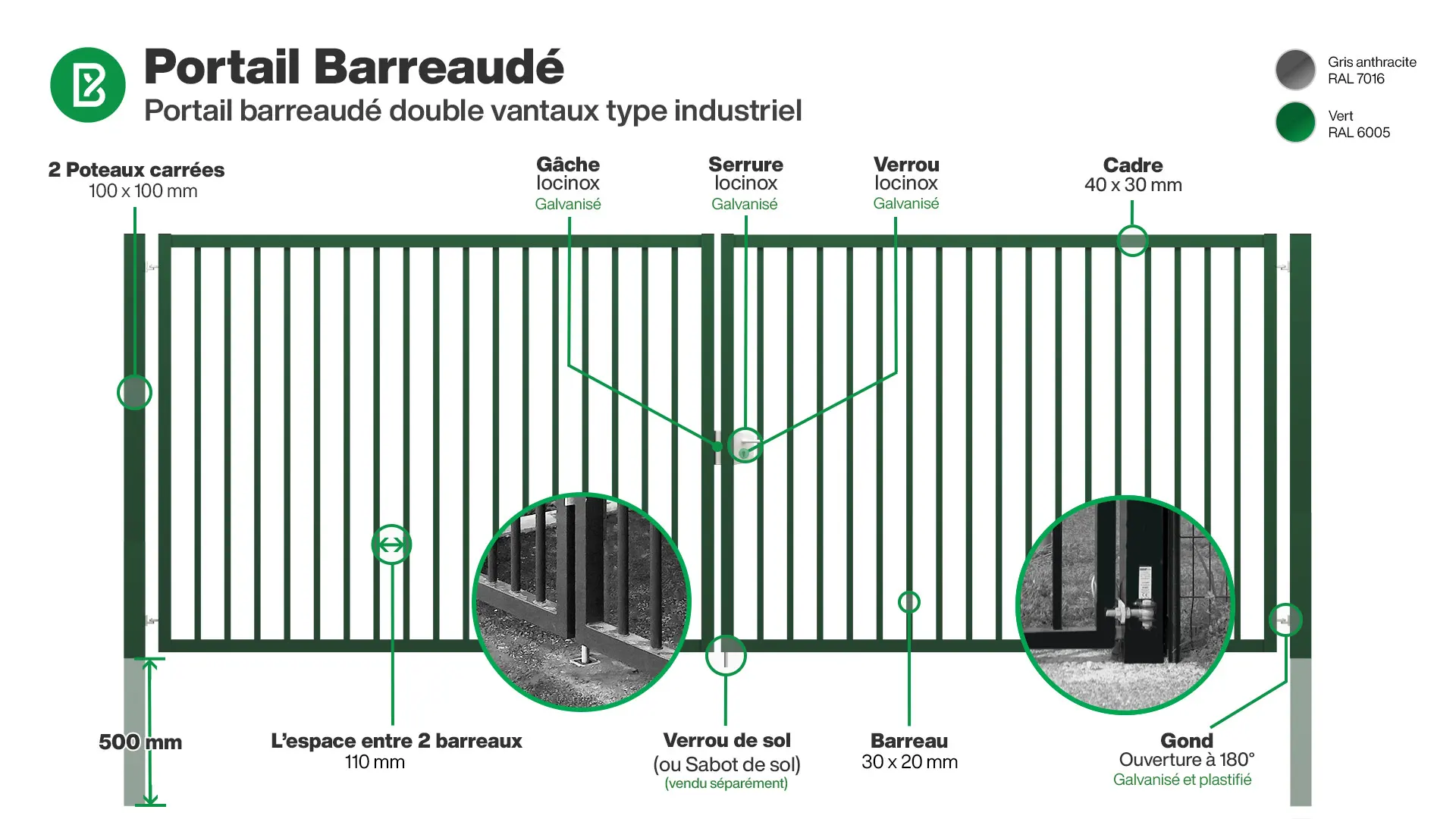 Portail : Infographie d'un portail barreaudé industriel